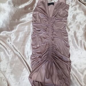 Shimmering Ruched Mini Dress in Mauve
